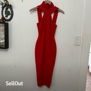Nookie Women's Red Halter Midi Dress Size S Party Cocktail Bodycon
